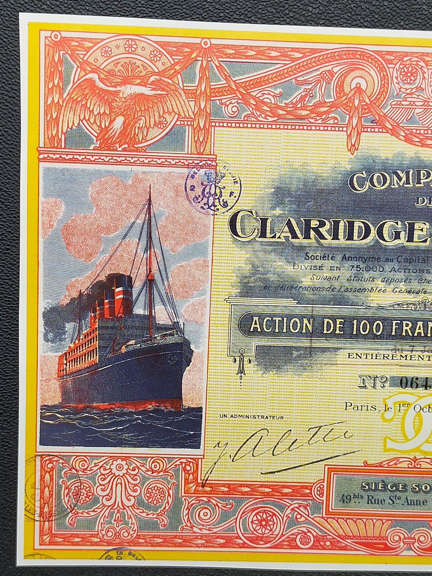 Historische Aktie Compagnie des Claridges Hôtels Paris 1921