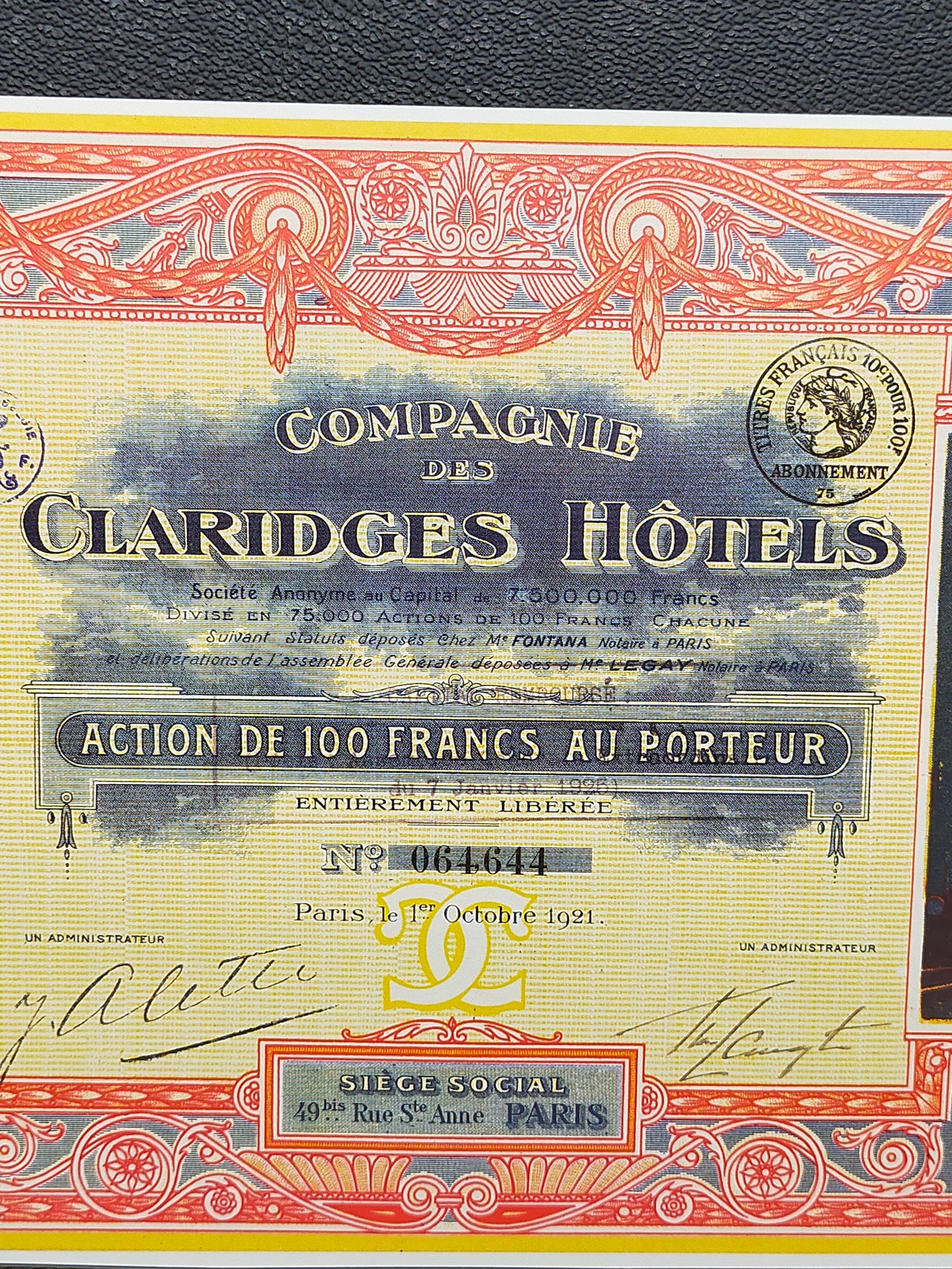 Historische Aktie Compagnie des Claridges Hôtels Paris 1921