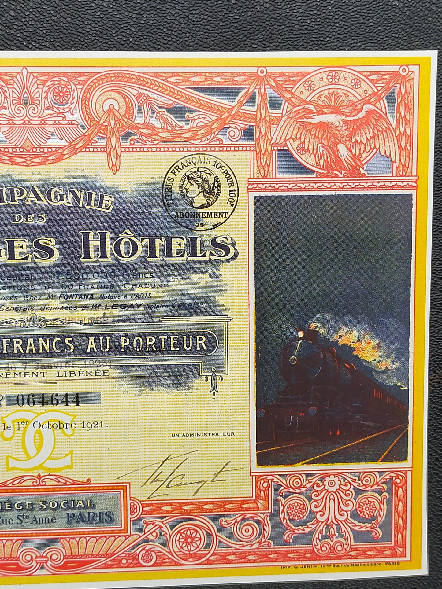 Historische Aktie Compagnie des Claridges Hôtels Paris 1921