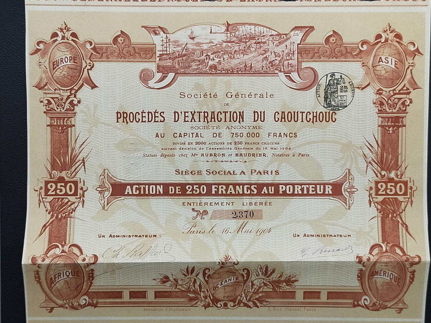 Historische Aktie Procédés d’Extraction du Caoutchouc Paris 1904