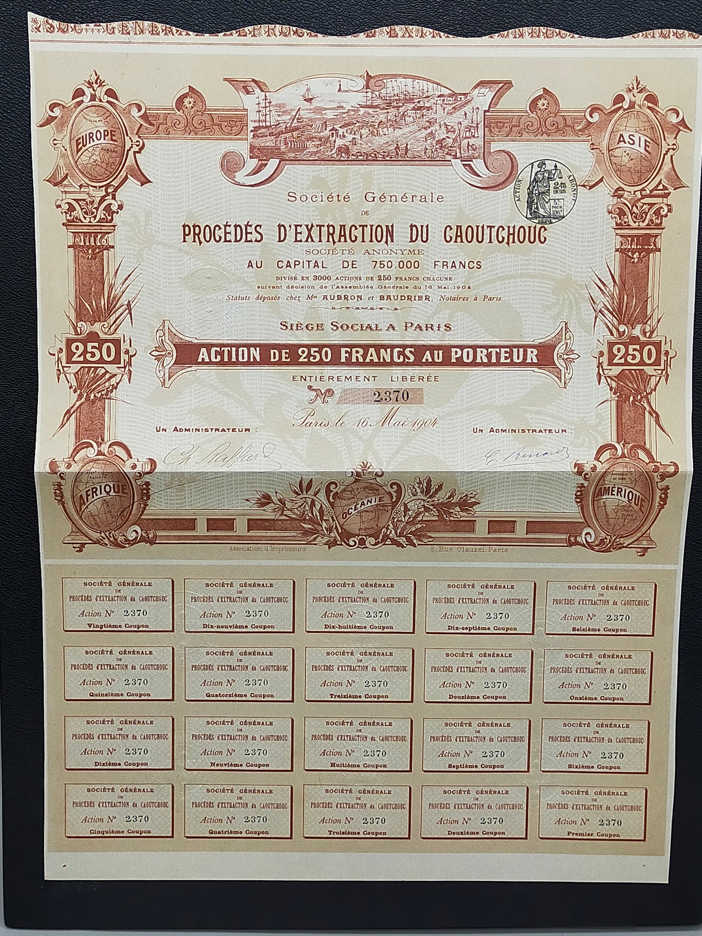Historische Aktie Procédés d’Extraction du Caoutchouc Paris 1904
