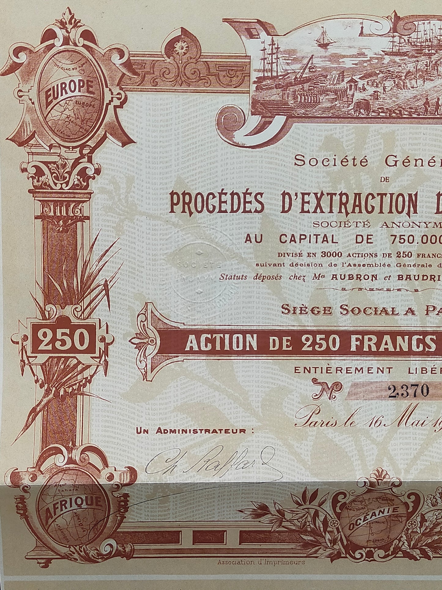 Historische Aktie Procédés d’Extraction du Caoutchouc Paris 1904