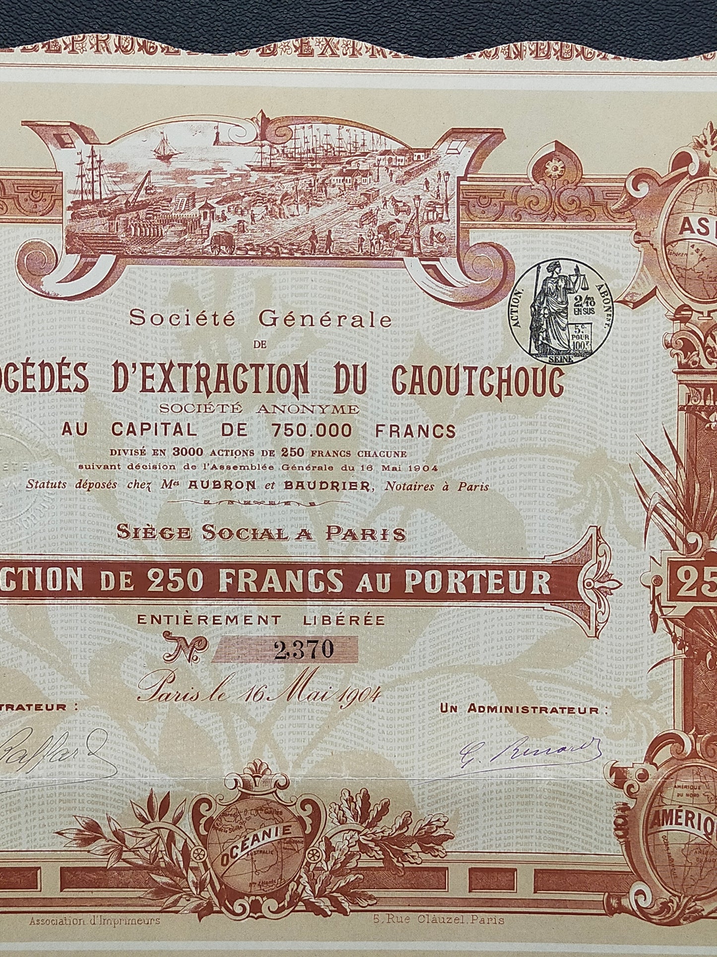 Historische Aktie Procédés d’Extraction du Caoutchouc Paris 1904