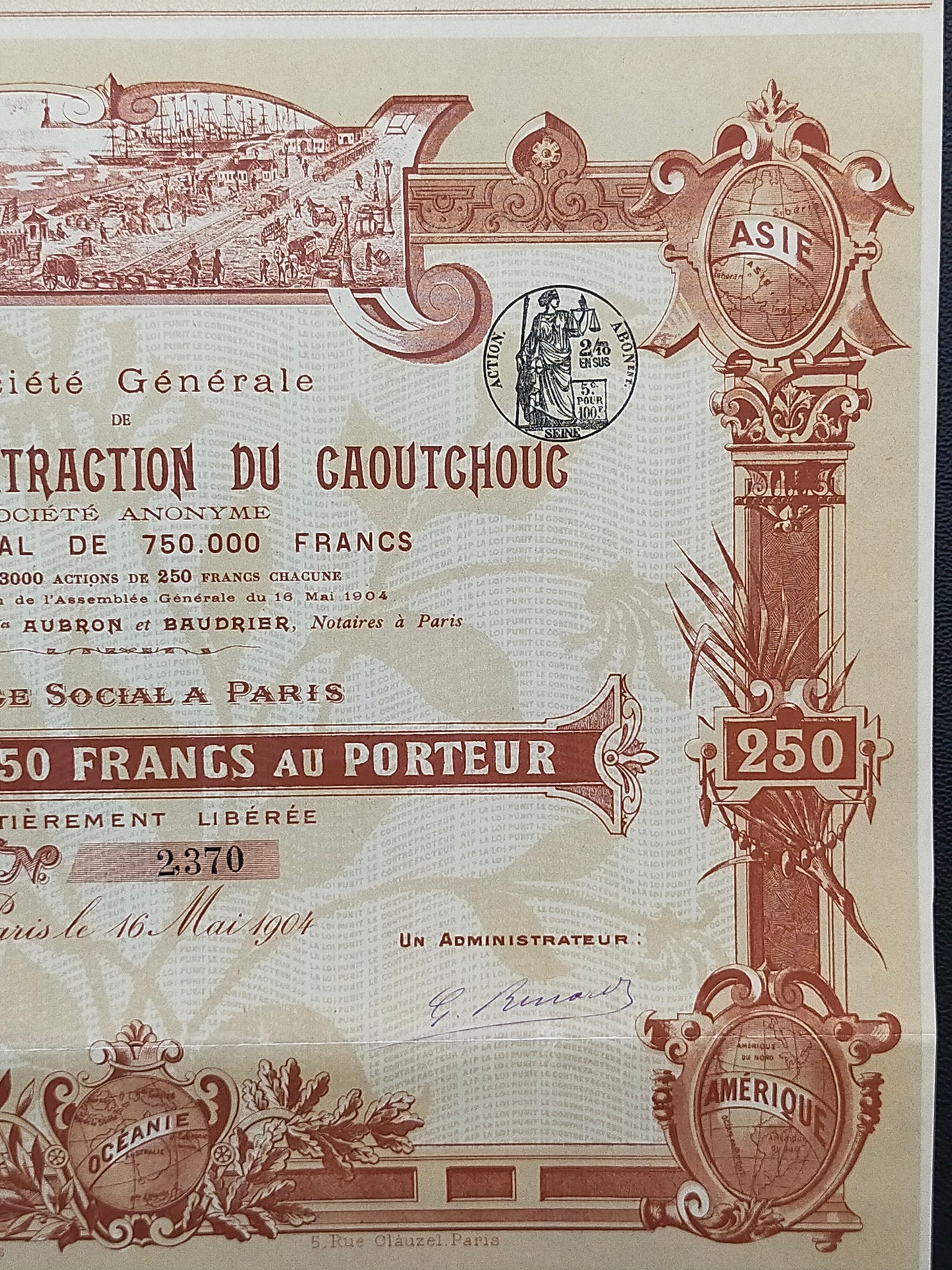 Historische Aktie Procédés d’Extraction du Caoutchouc Paris 1904