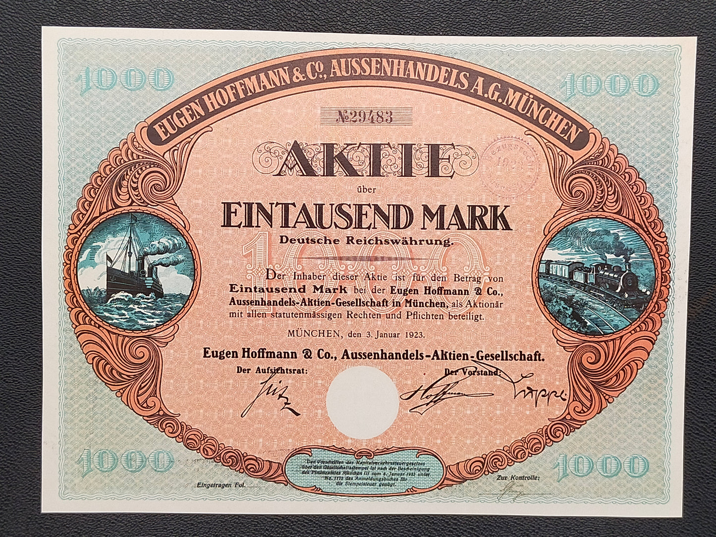 Historische Aktie Eugen Hoffmann & Co. München 1923