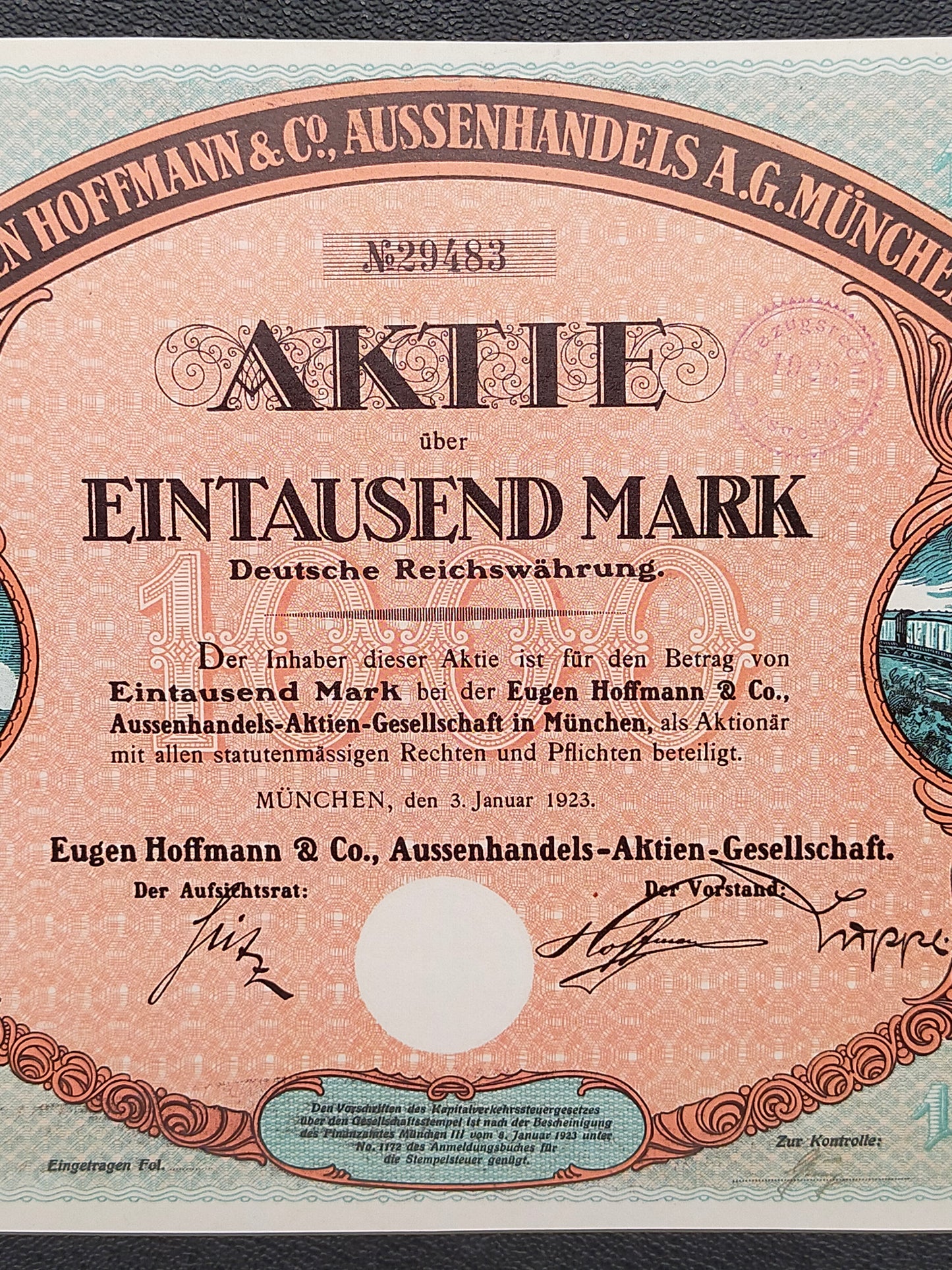Historische Aktie Eugen Hoffmann & Co. München 1923