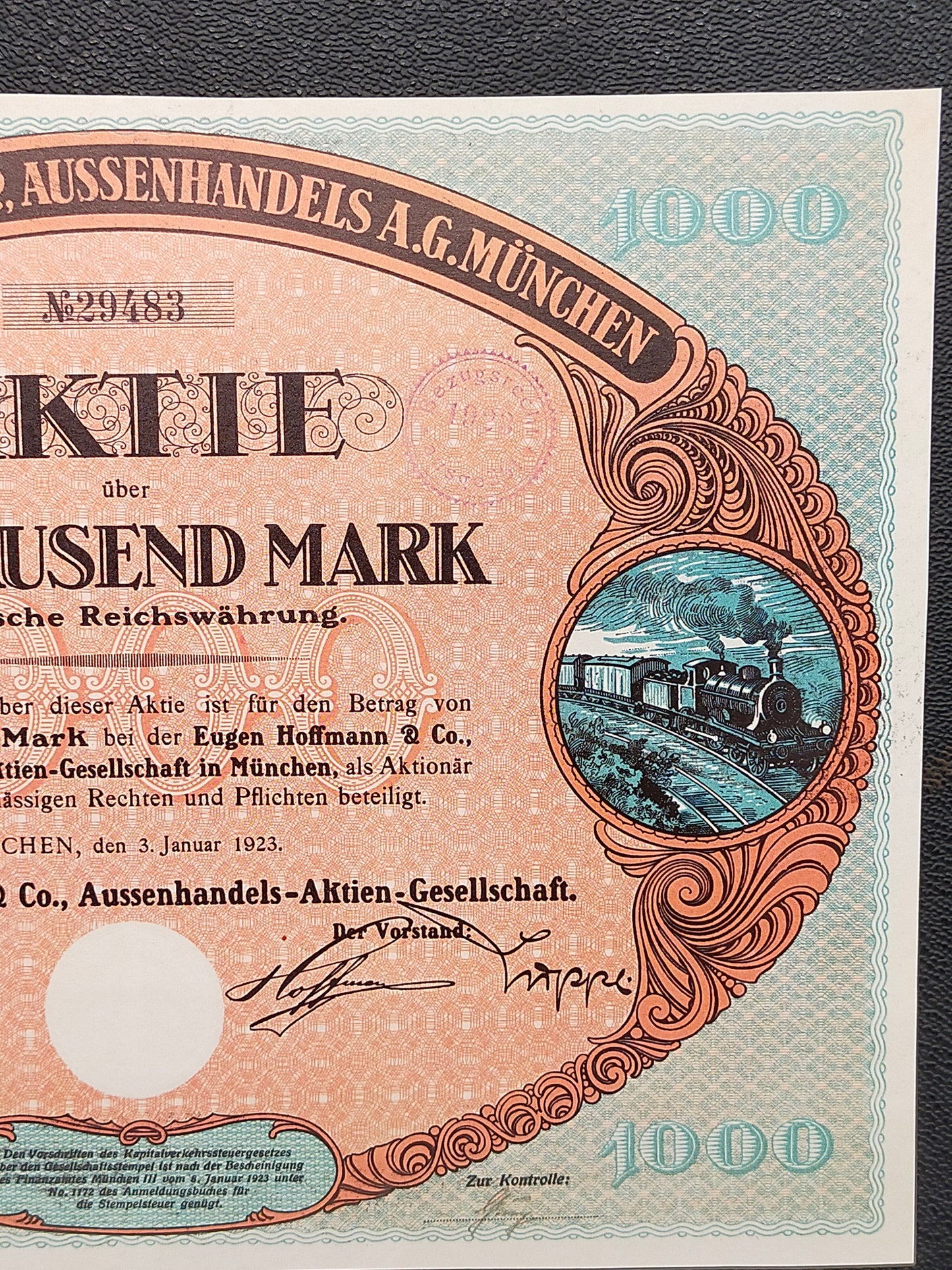 Historische Aktie Eugen Hoffmann & Co. München 1923