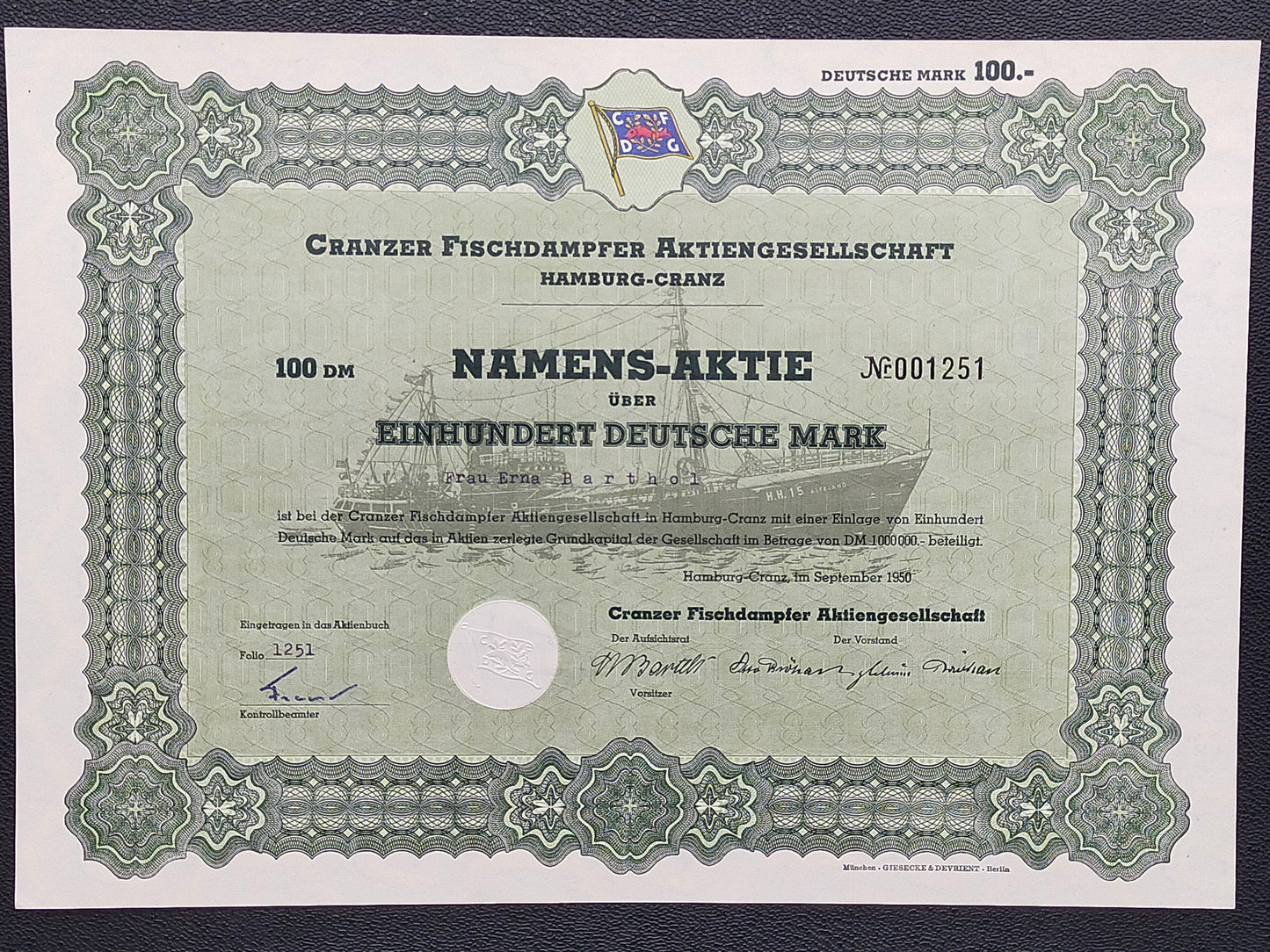 Historische Aktie Cranzer Fischdampfer AG Hamburg 1950 100 DM Namensaktie