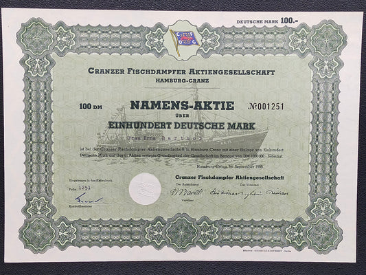 Historische Aktie Cranzer Fischdampfer AG Hamburg 1950 100 DM Namensaktie