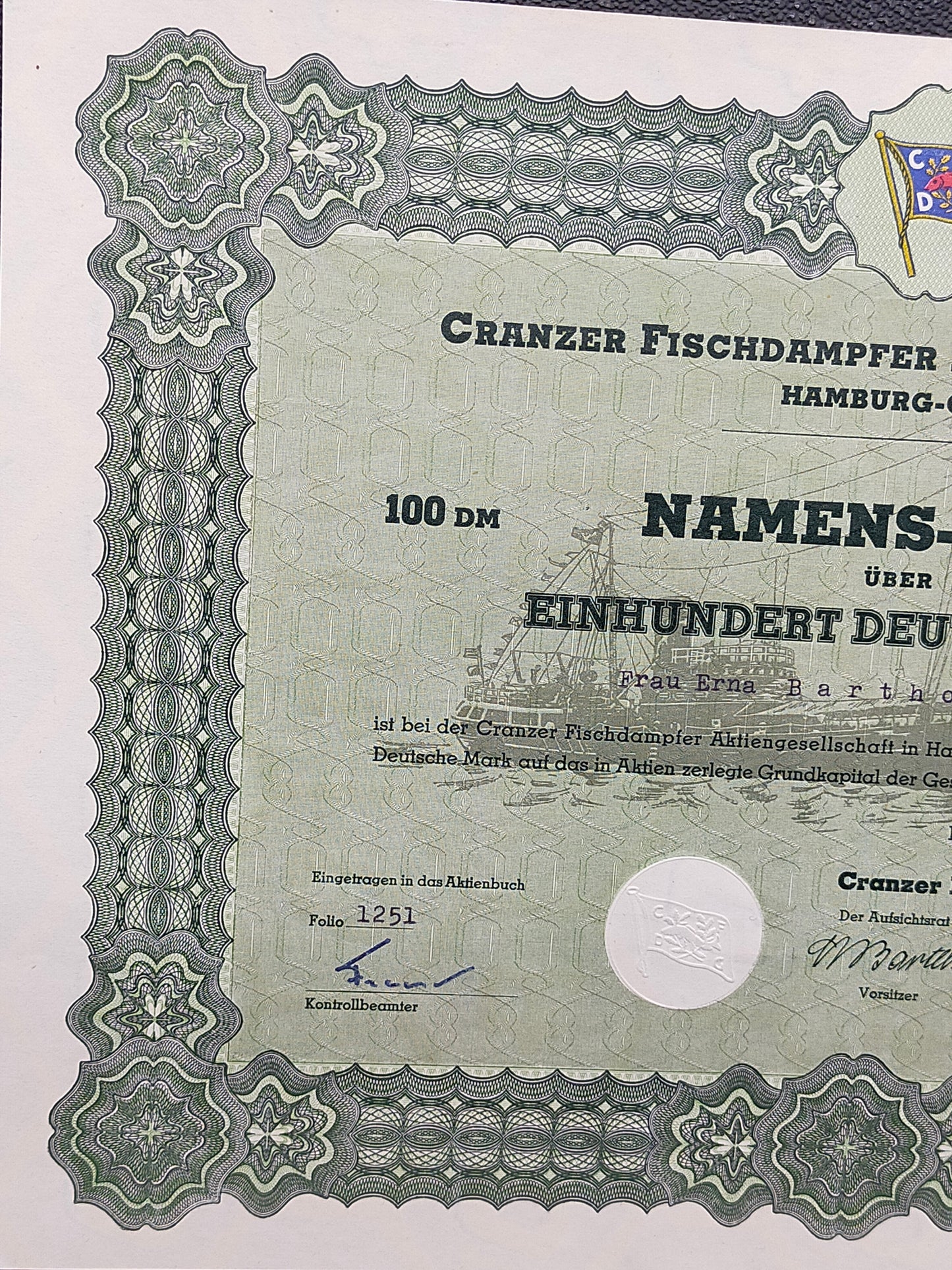 Historische Aktie Cranzer Fischdampfer AG Hamburg 1950 100 DM Namensaktie