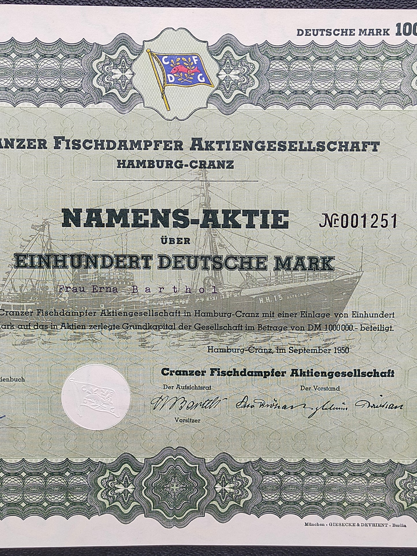 Historische Aktie Cranzer Fischdampfer AG Hamburg 1950 100 DM Namensaktie