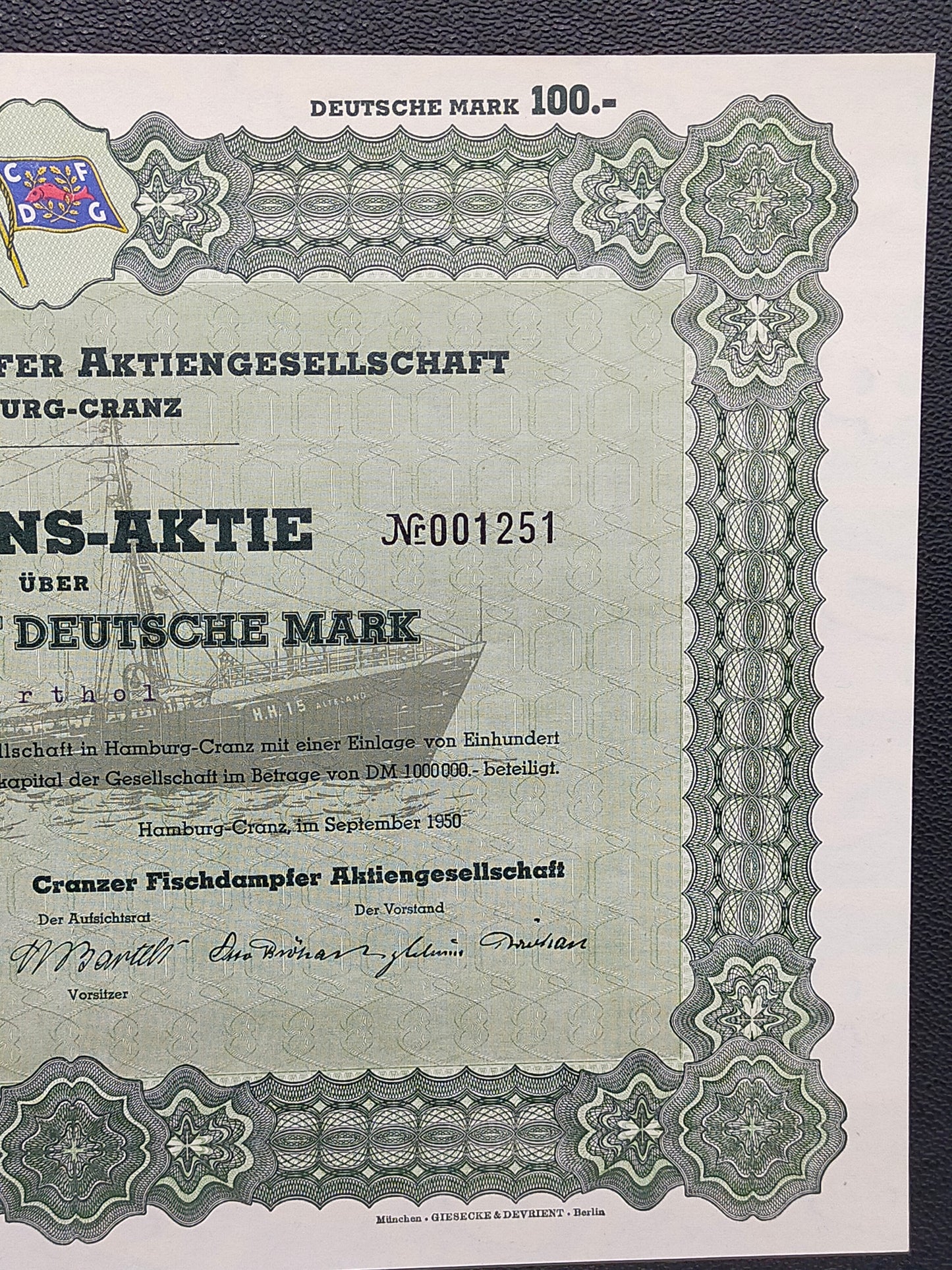 Historische Aktie Cranzer Fischdampfer AG Hamburg 1950 100 DM Namensaktie