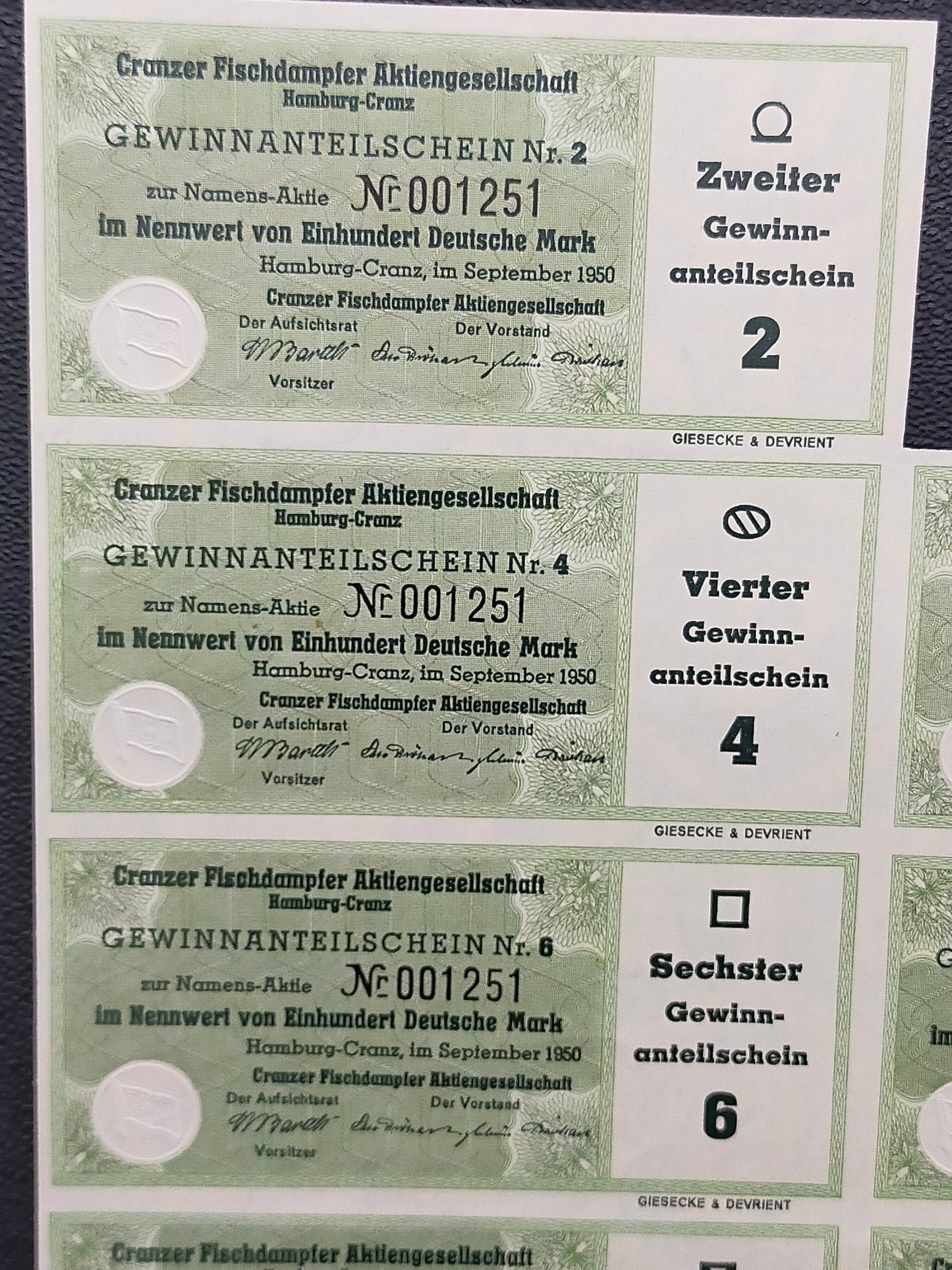 Historische Aktie Cranzer Fischdampfer AG Hamburg 1950 100 DM Namensaktie