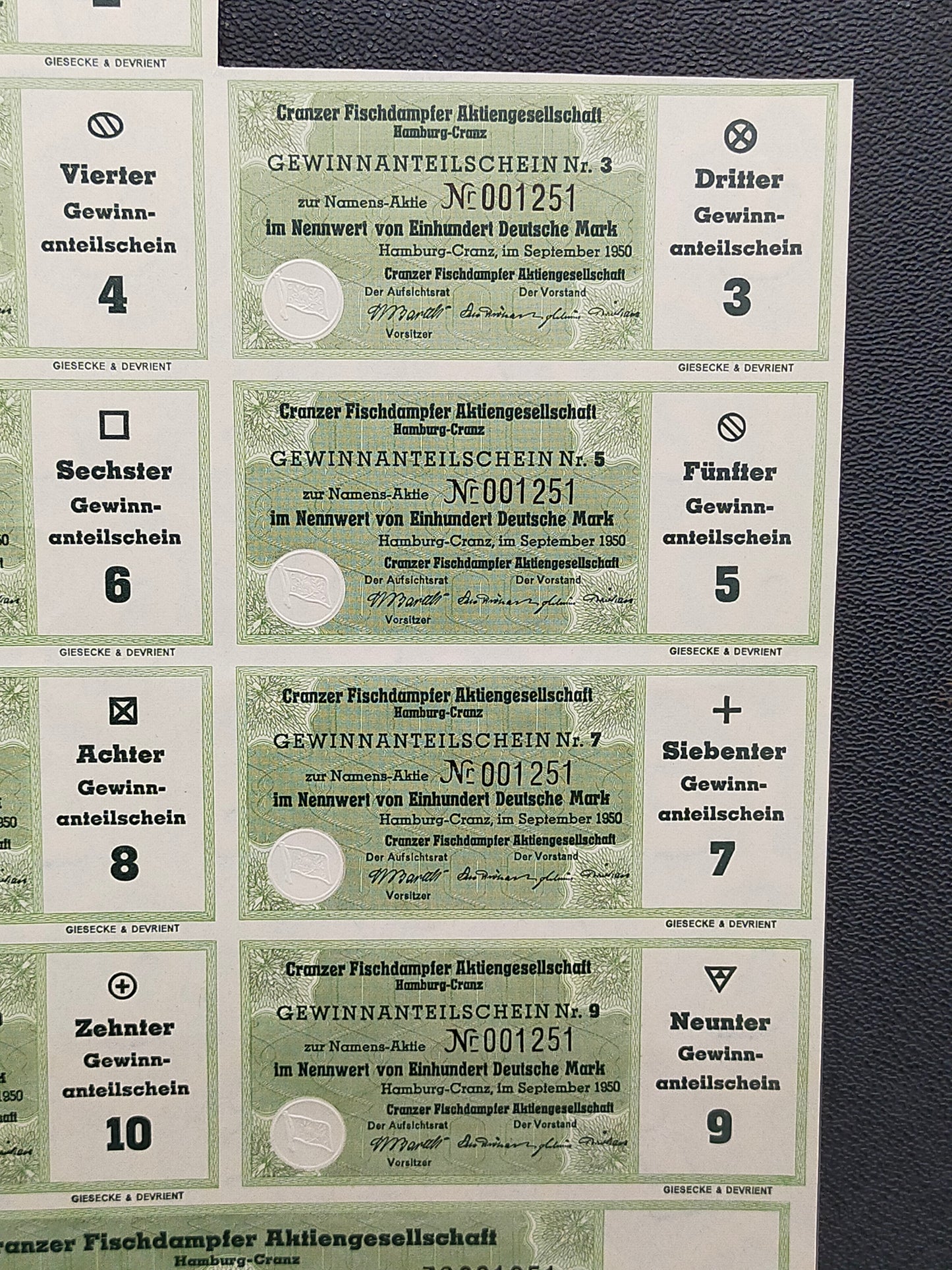 Historische Aktie Cranzer Fischdampfer AG Hamburg 1950 100 DM Namensaktie