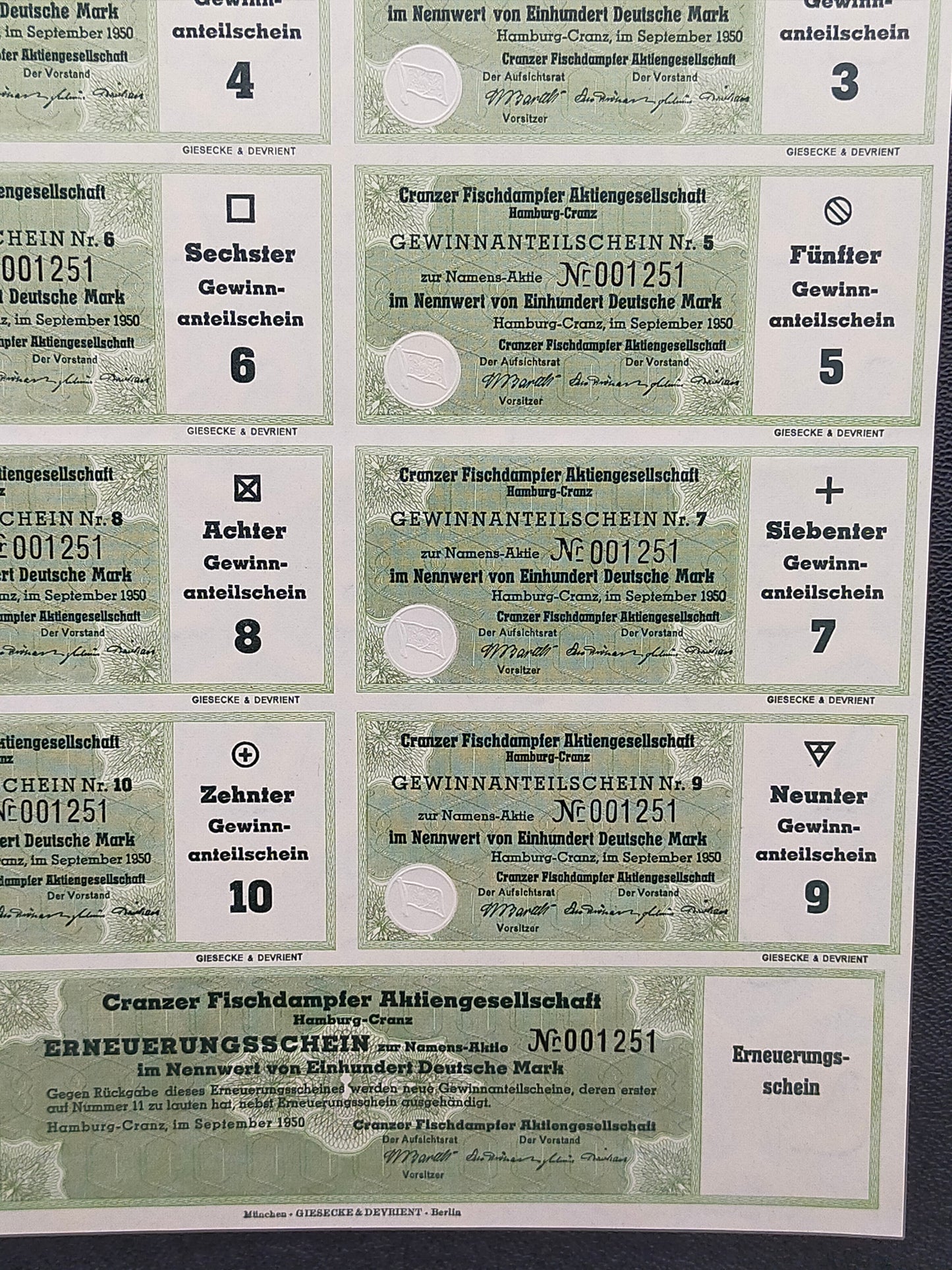 Historische Aktie Cranzer Fischdampfer AG Hamburg 1950 100 DM Namensaktie