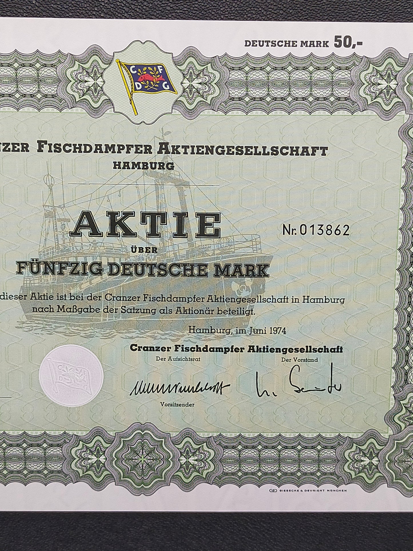 Historische Cranzer Fischdampfer AG Aktie Hamburg Juni 1974