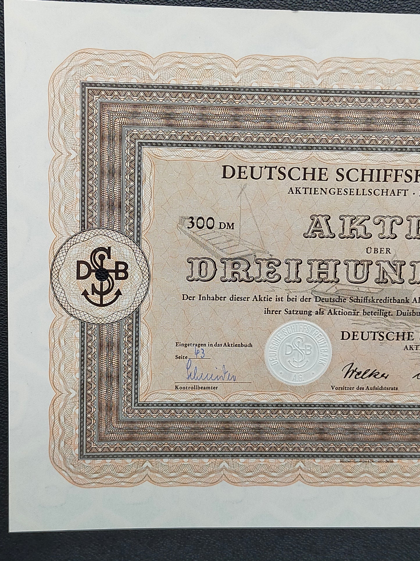 Historische Aktie Deutsche Schiffskreditbank 1954 300 DM
