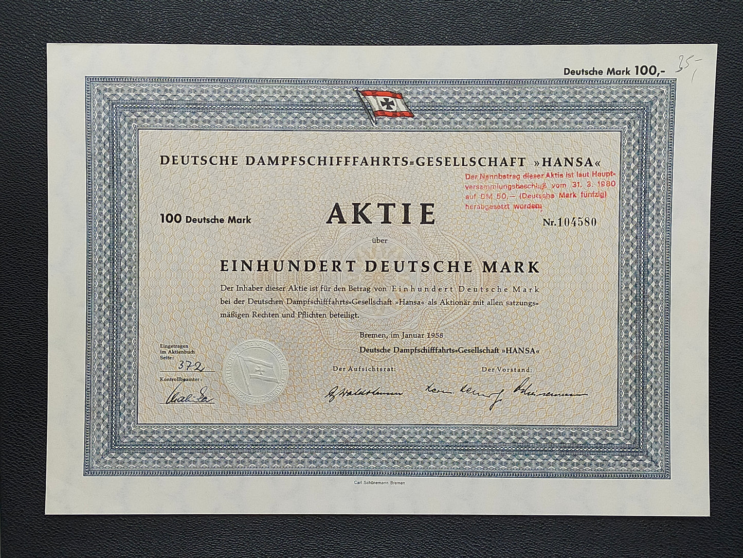 Historische Aktie DDG Hansa 1958 100 Deutsche Mark