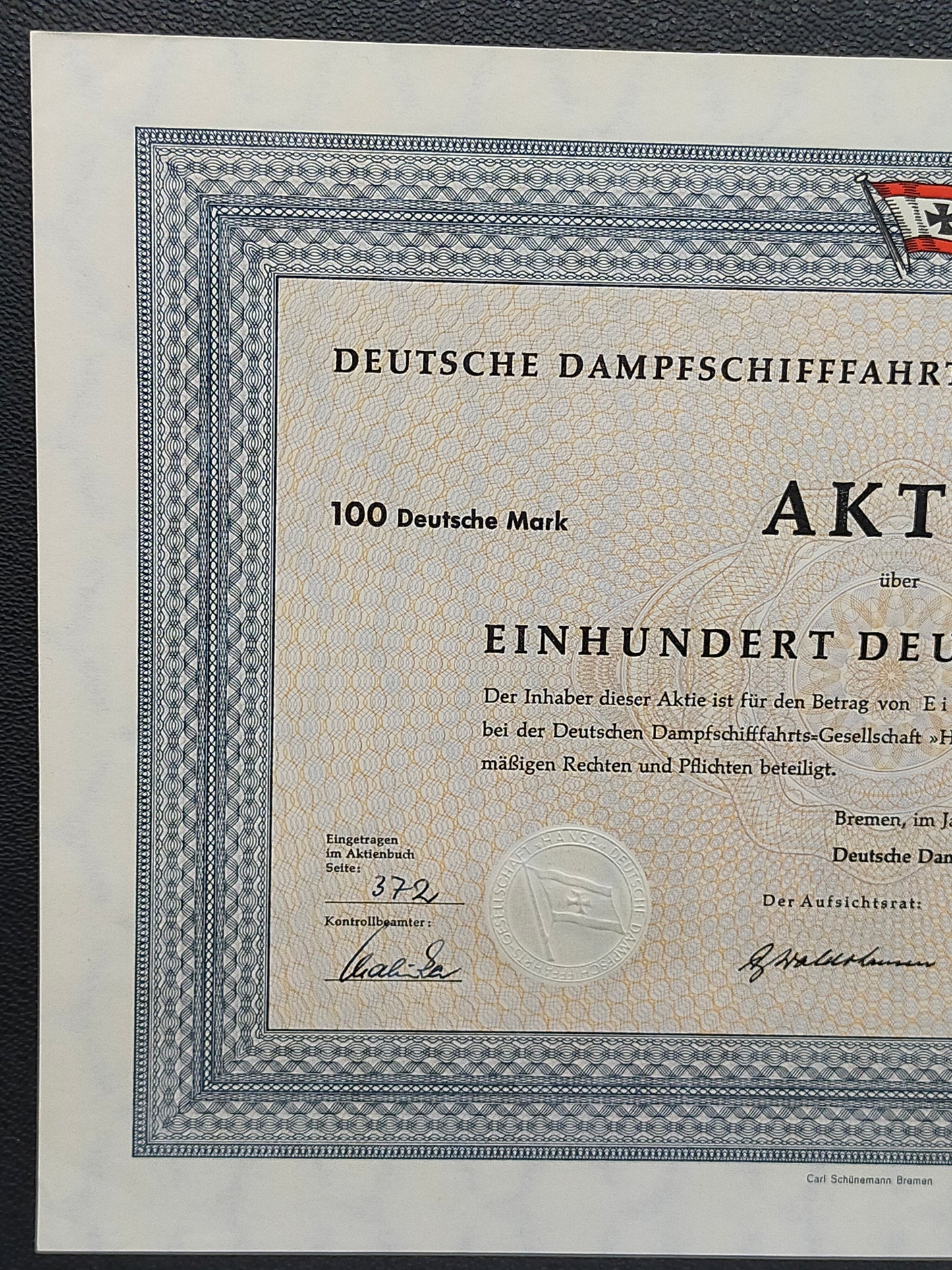 Historische Aktie DDG Hansa 1958 100 Deutsche Mark