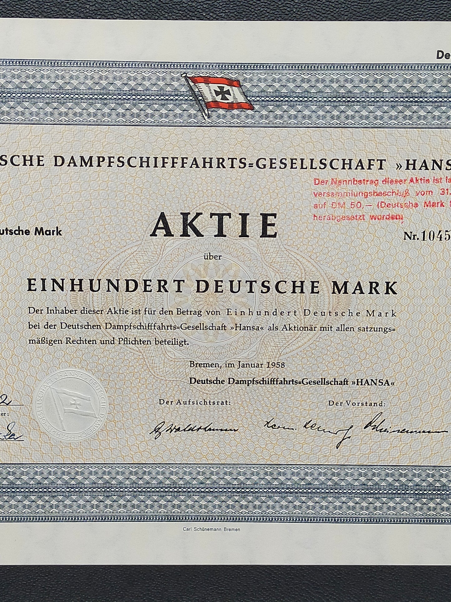 Historische Aktie DDG Hansa 1958 100 Deutsche Mark