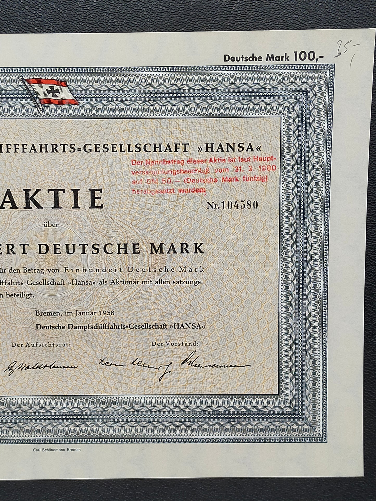 Historische Aktie DDG Hansa 1958 100 Deutsche Mark