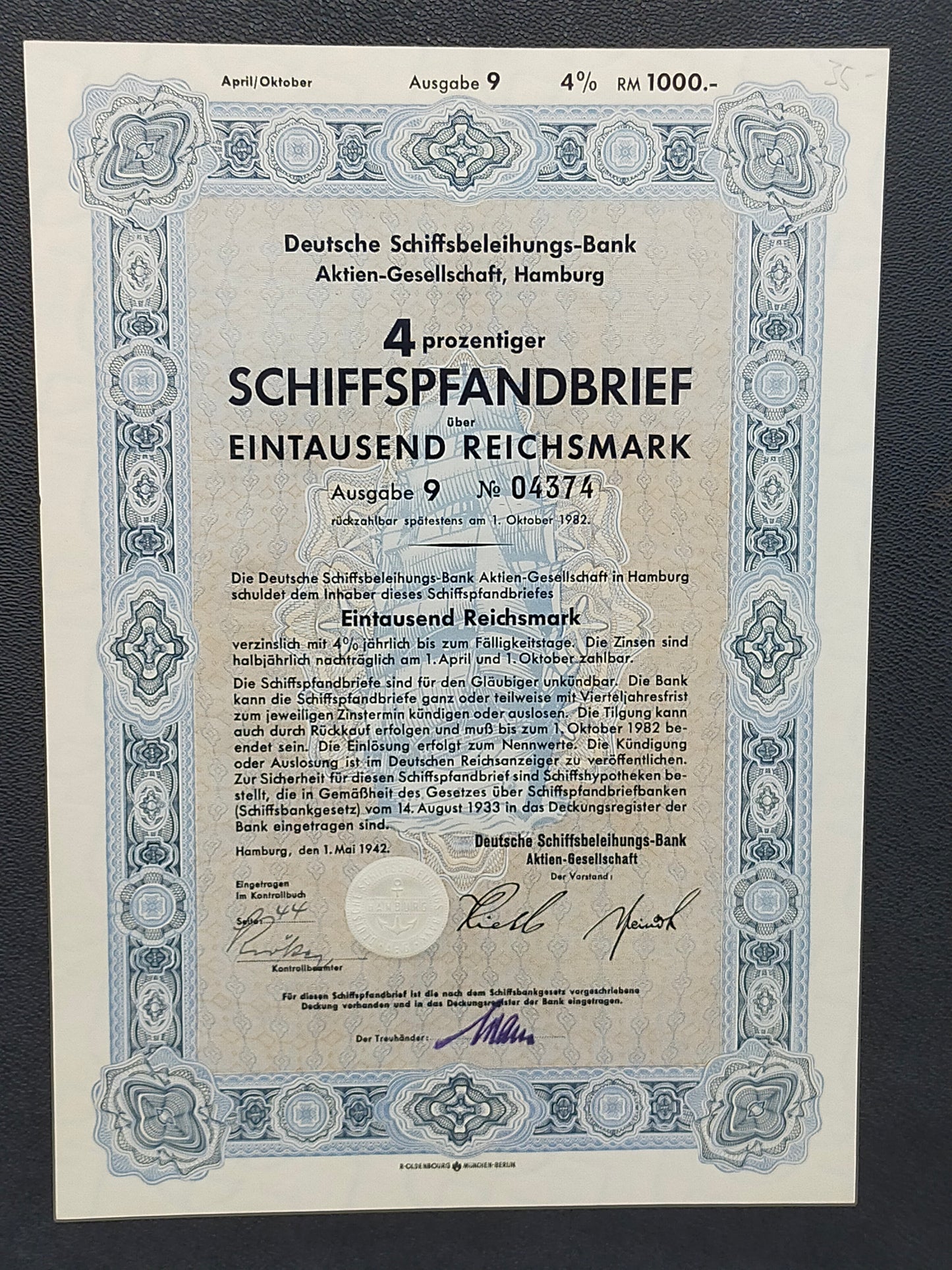 Historischer Schiffspfandbrief 1942 Deutsche Schiffsbeleihungs-Bank AG