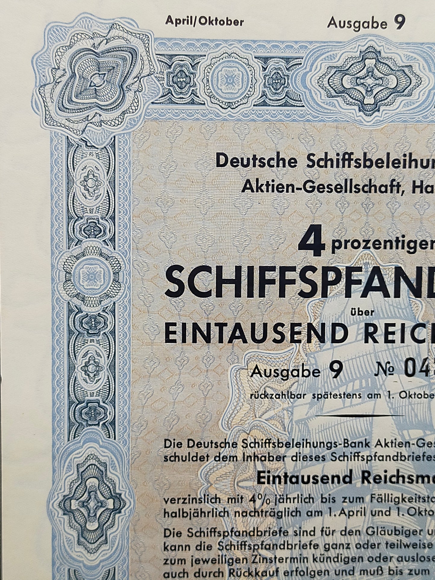 Historischer Schiffspfandbrief 1942 Deutsche Schiffsbeleihungs-Bank AG