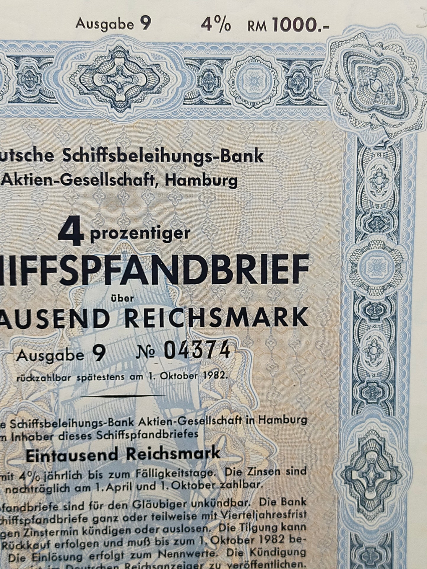 Historischer Schiffspfandbrief 1942 Deutsche Schiffsbeleihungs-Bank AG