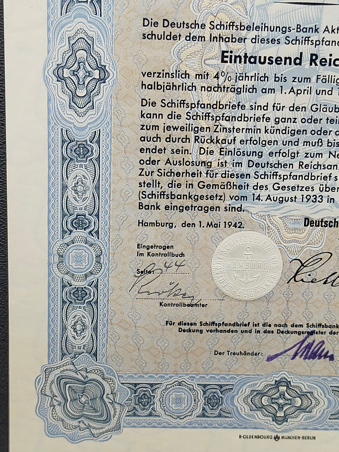 Historischer Schiffspfandbrief 1942 Deutsche Schiffsbeleihungs-Bank AG