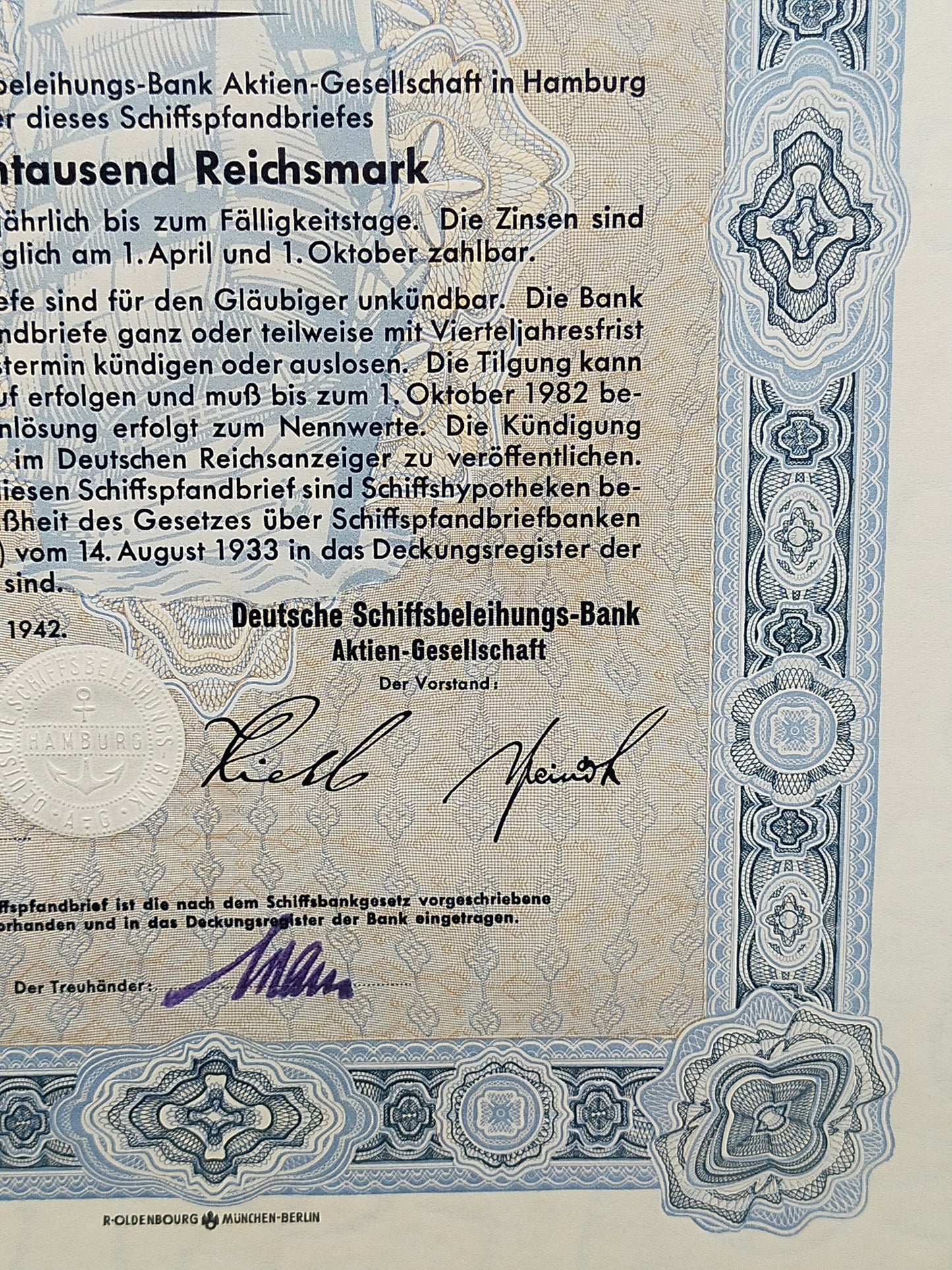 Historischer Schiffspfandbrief 1942 Deutsche Schiffsbeleihungs-Bank AG