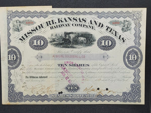 Historische Missouri, Kansas and Texas Railway Aktie von 1880
