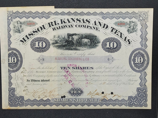 Historische Missouri, Kansas and Texas Railway Aktie von 1880