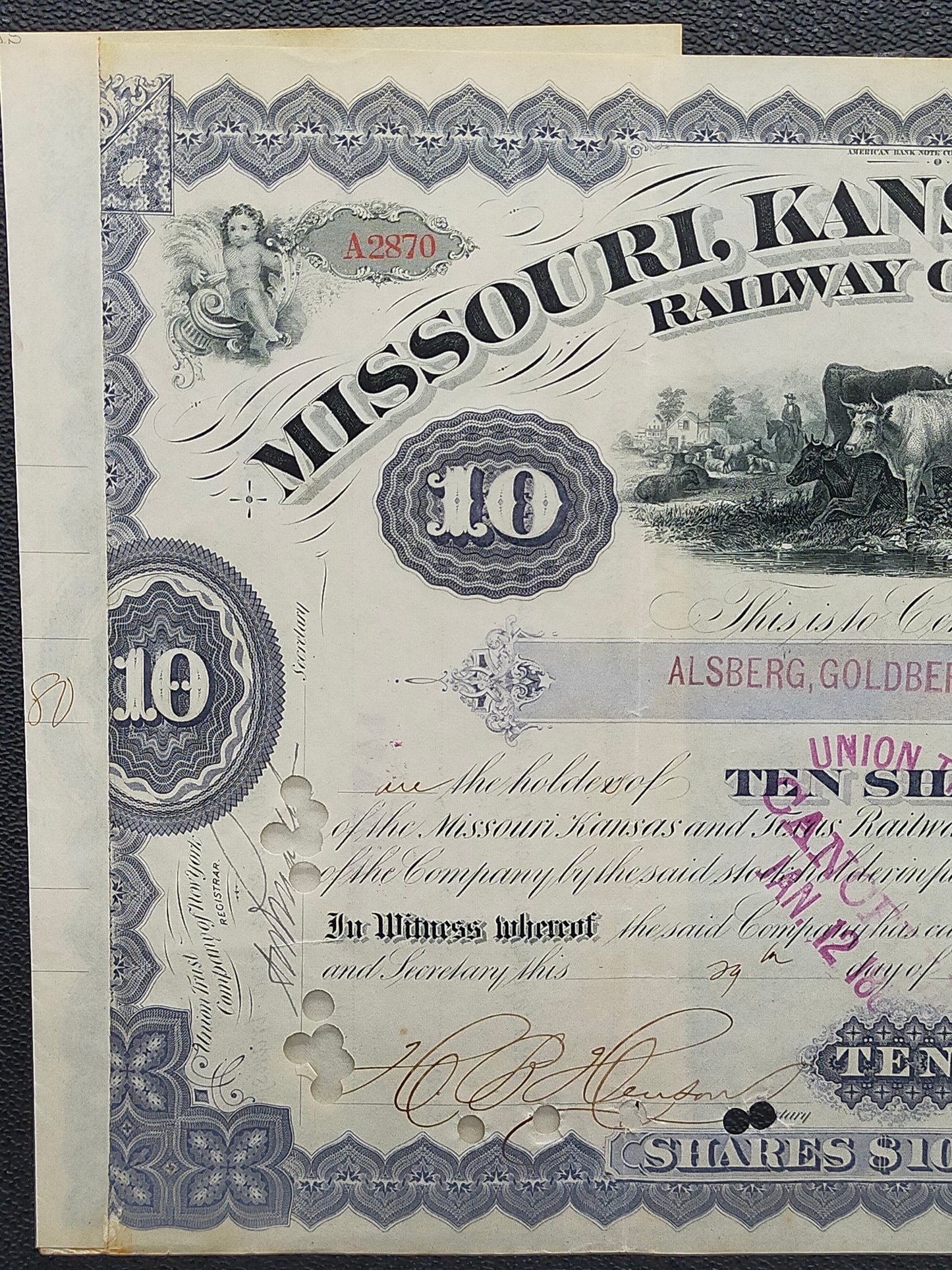 Historische Missouri, Kansas and Texas Railway Aktie von 1880