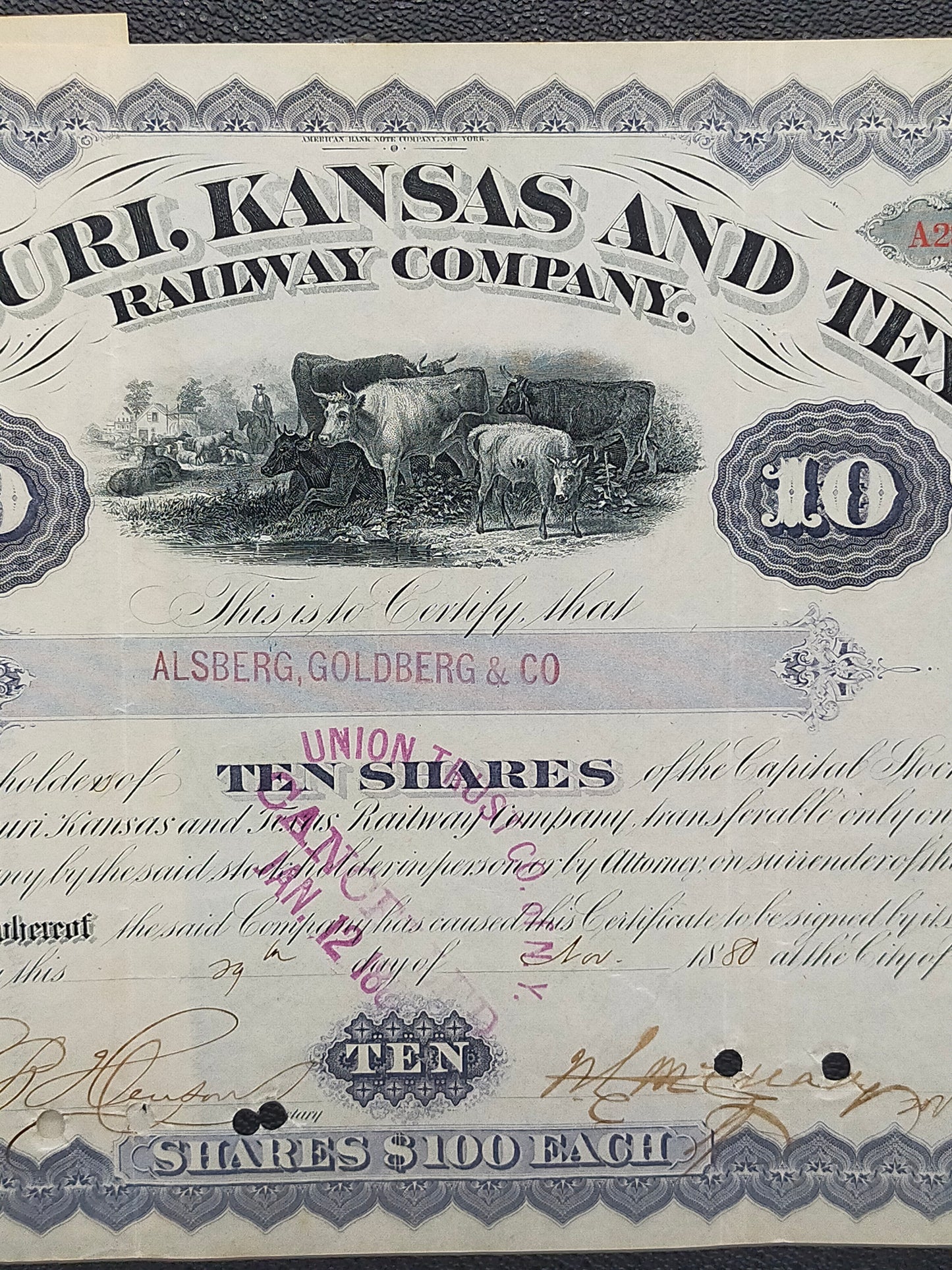 Historische Missouri, Kansas and Texas Railway Aktie von 1880