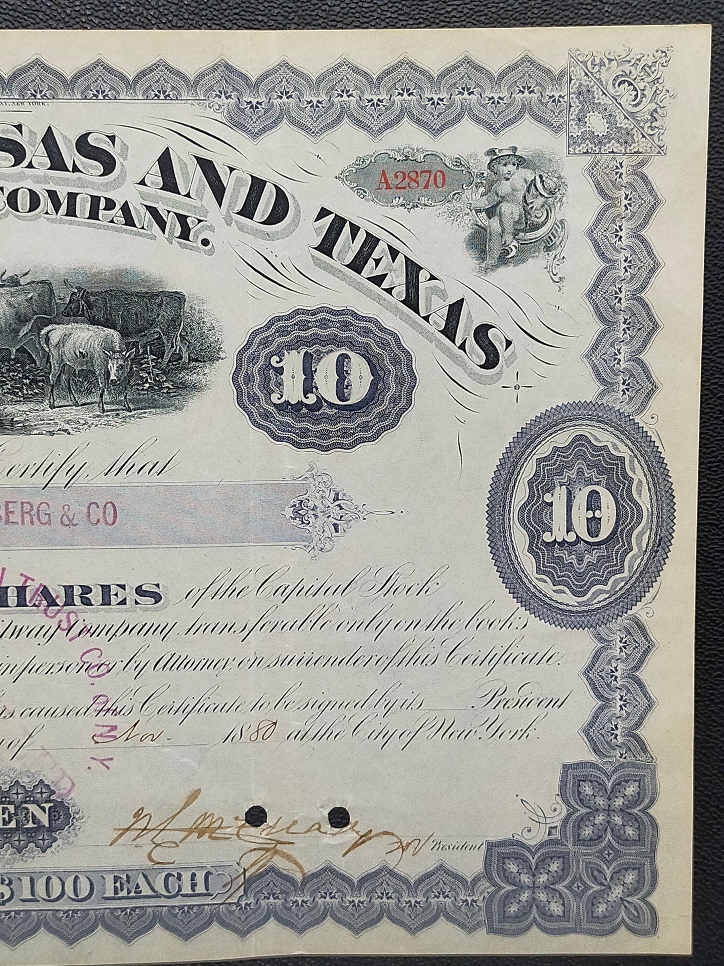 Historische Missouri, Kansas and Texas Railway Aktie von 1880