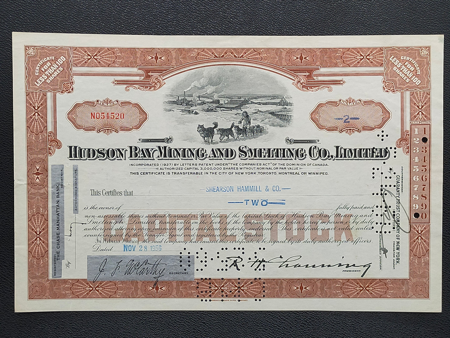 Historische Aktie Hudson Bay Mining & Smelting Co. 1956