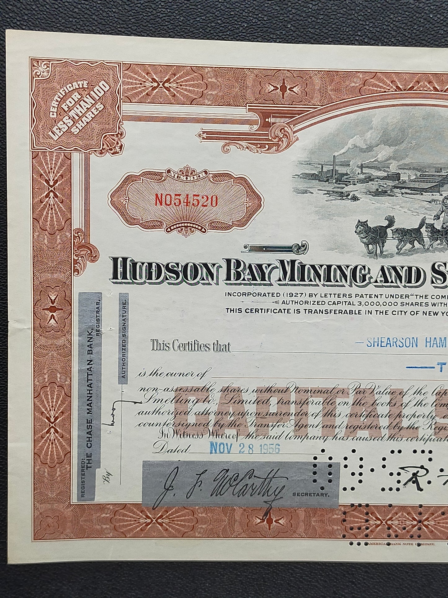 Historische Aktie Hudson Bay Mining & Smelting Co. 1956
