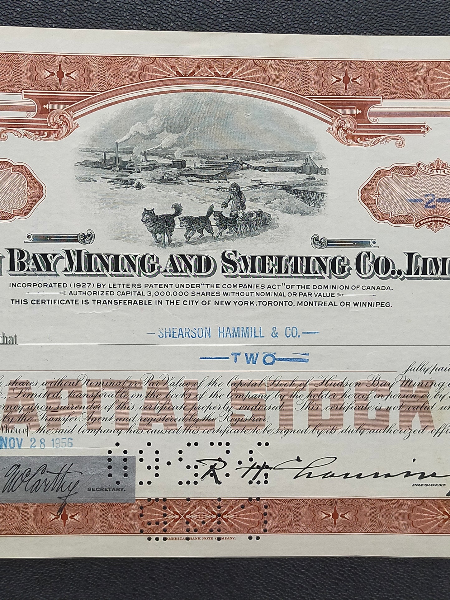 Historische Aktie Hudson Bay Mining & Smelting Co. 1956