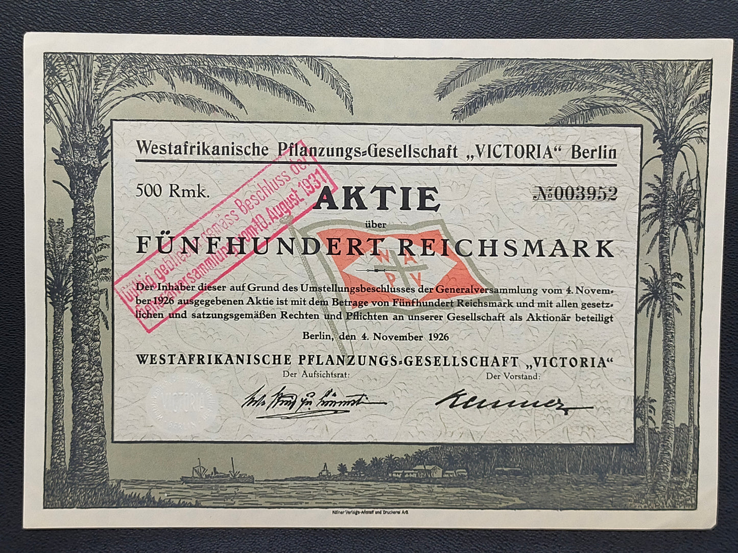 Historische Aktie Westafrikanische Pflanzungs-Gesellschaft Victoria 1926