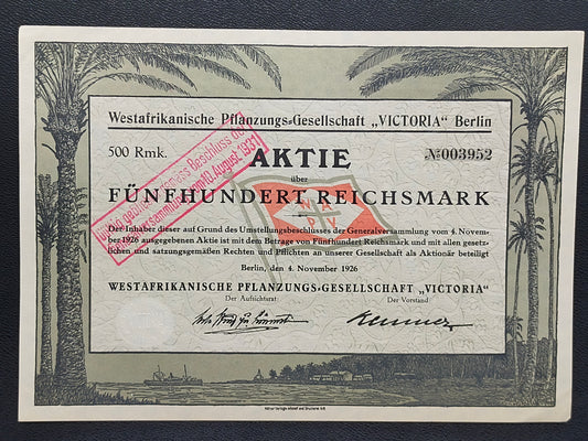 Historische Aktie Westafrikanische Pflanzungs-Gesellschaft Victoria 1926