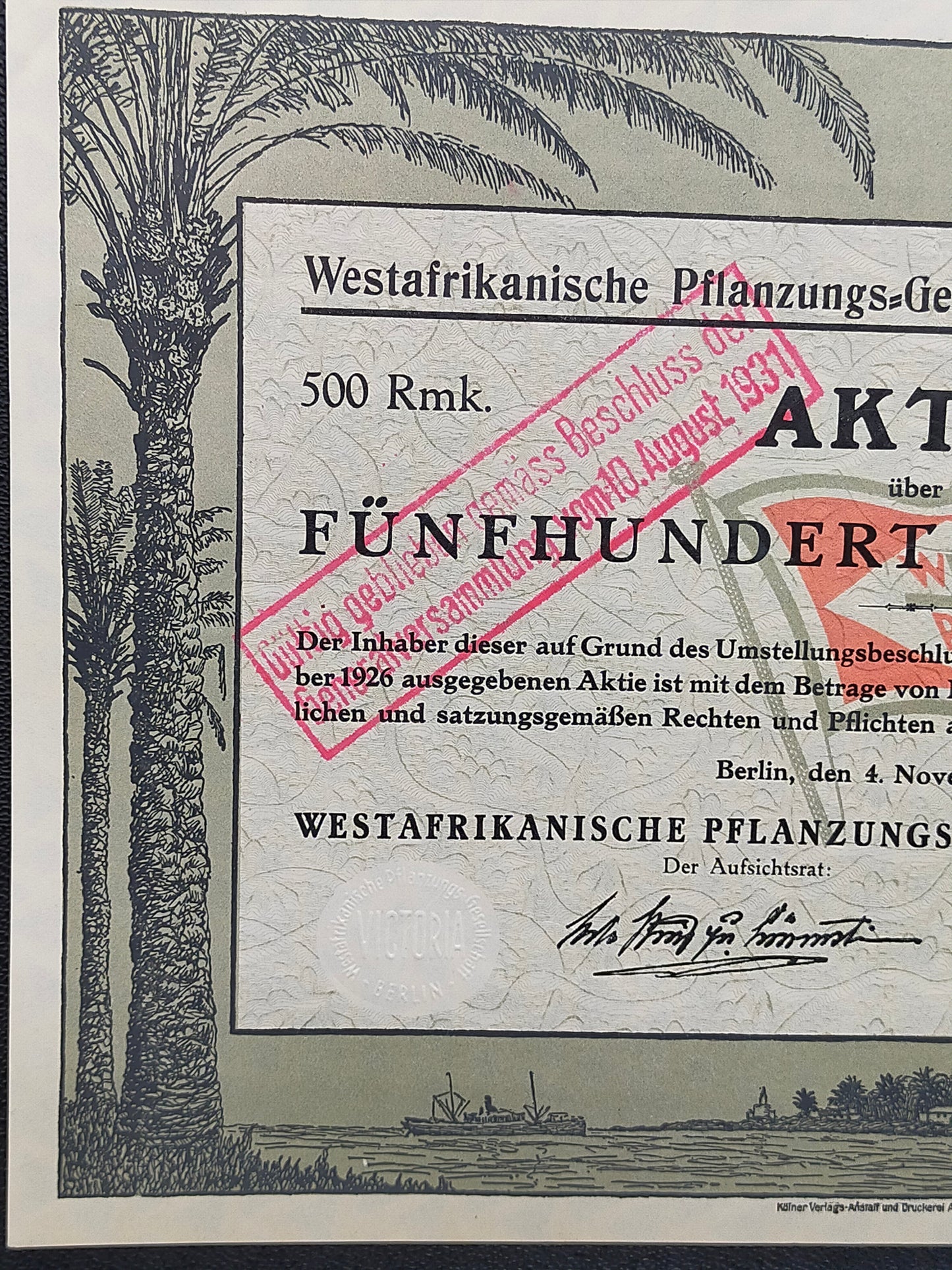 Historische Aktie Westafrikanische Pflanzungs-Gesellschaft Victoria 1926