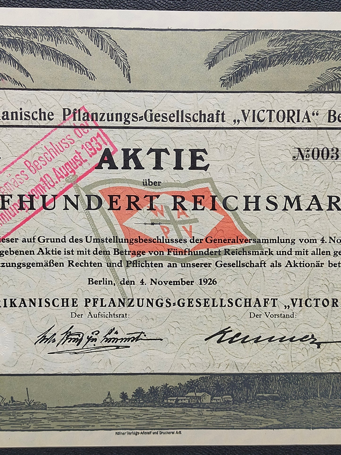 Historische Aktie Westafrikanische Pflanzungs-Gesellschaft Victoria 1926
