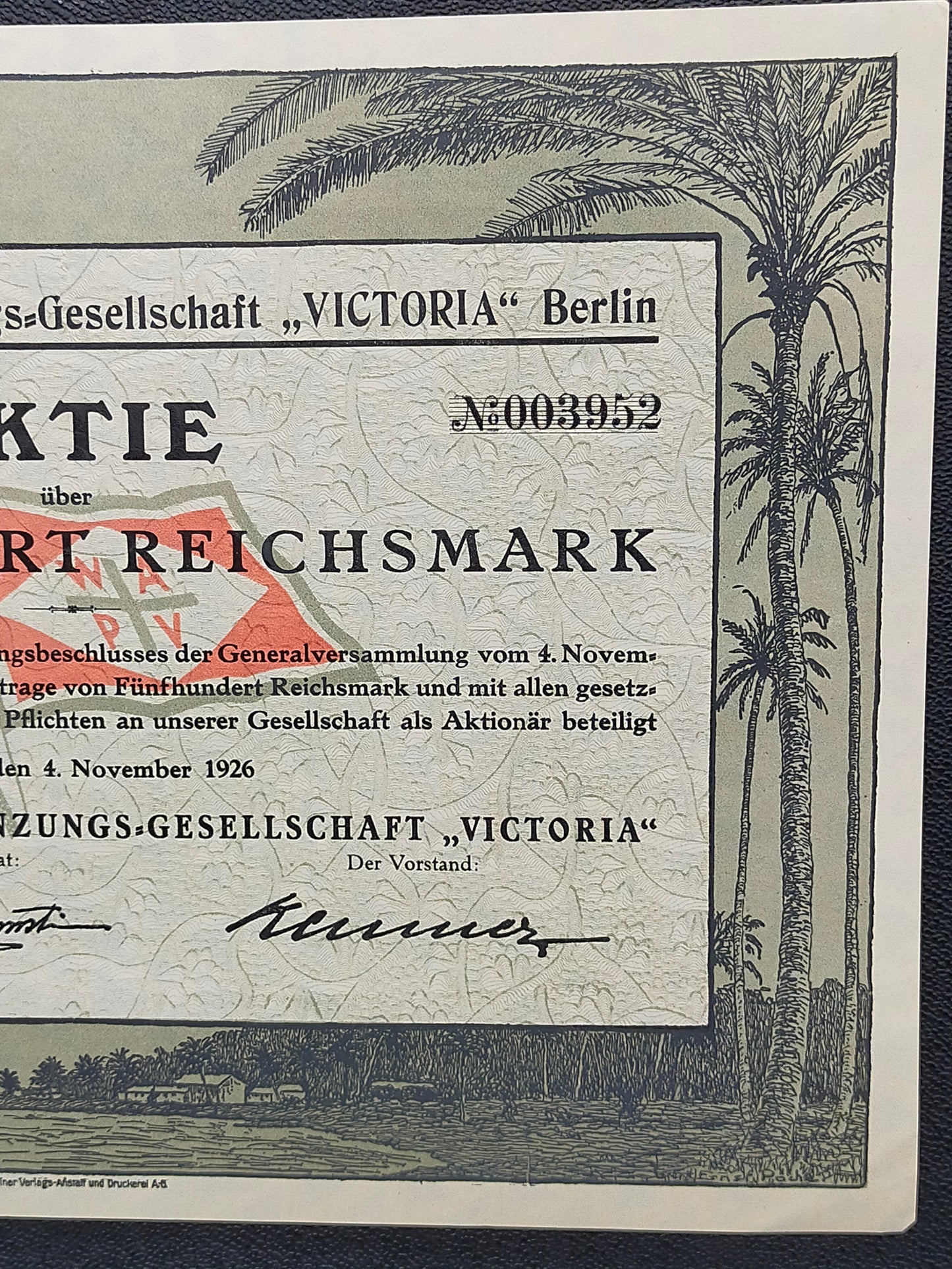 Historische Aktie Westafrikanische Pflanzungs-Gesellschaft Victoria 1926