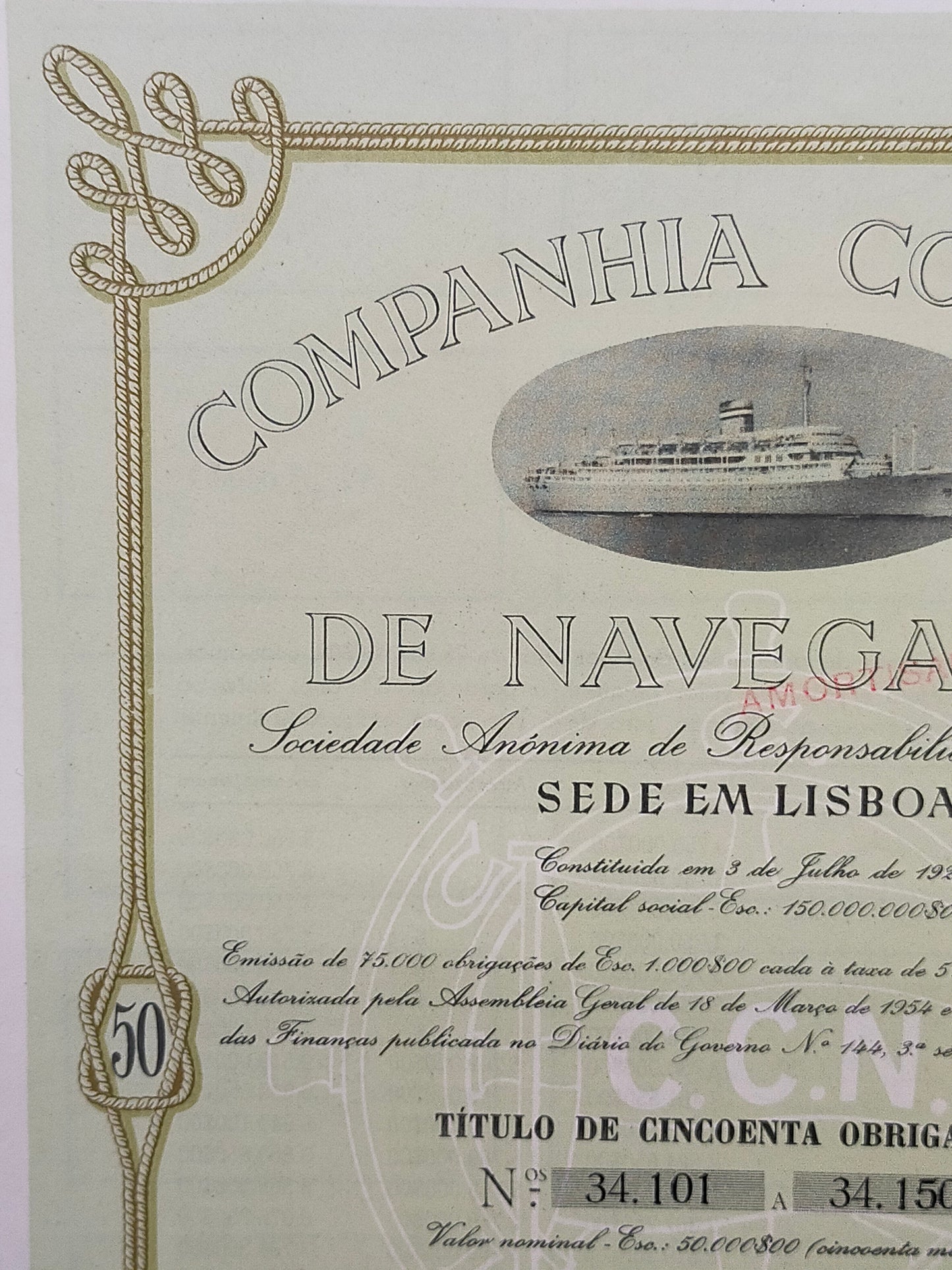 Historische Schiffahrts Anleihe 1954 Companhia Colonial de Navegacao