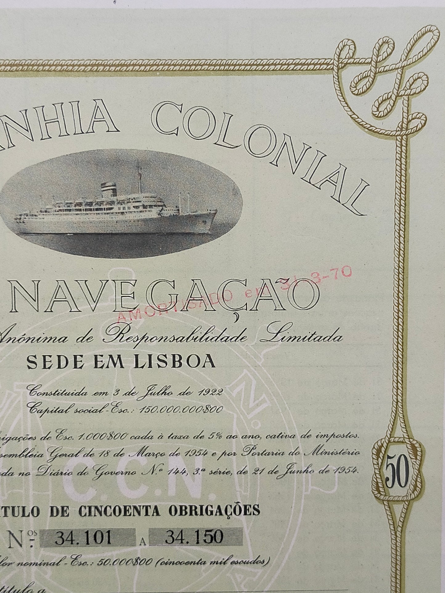 Historische Schiffahrts Anleihe 1954 Companhia Colonial de Navegacao