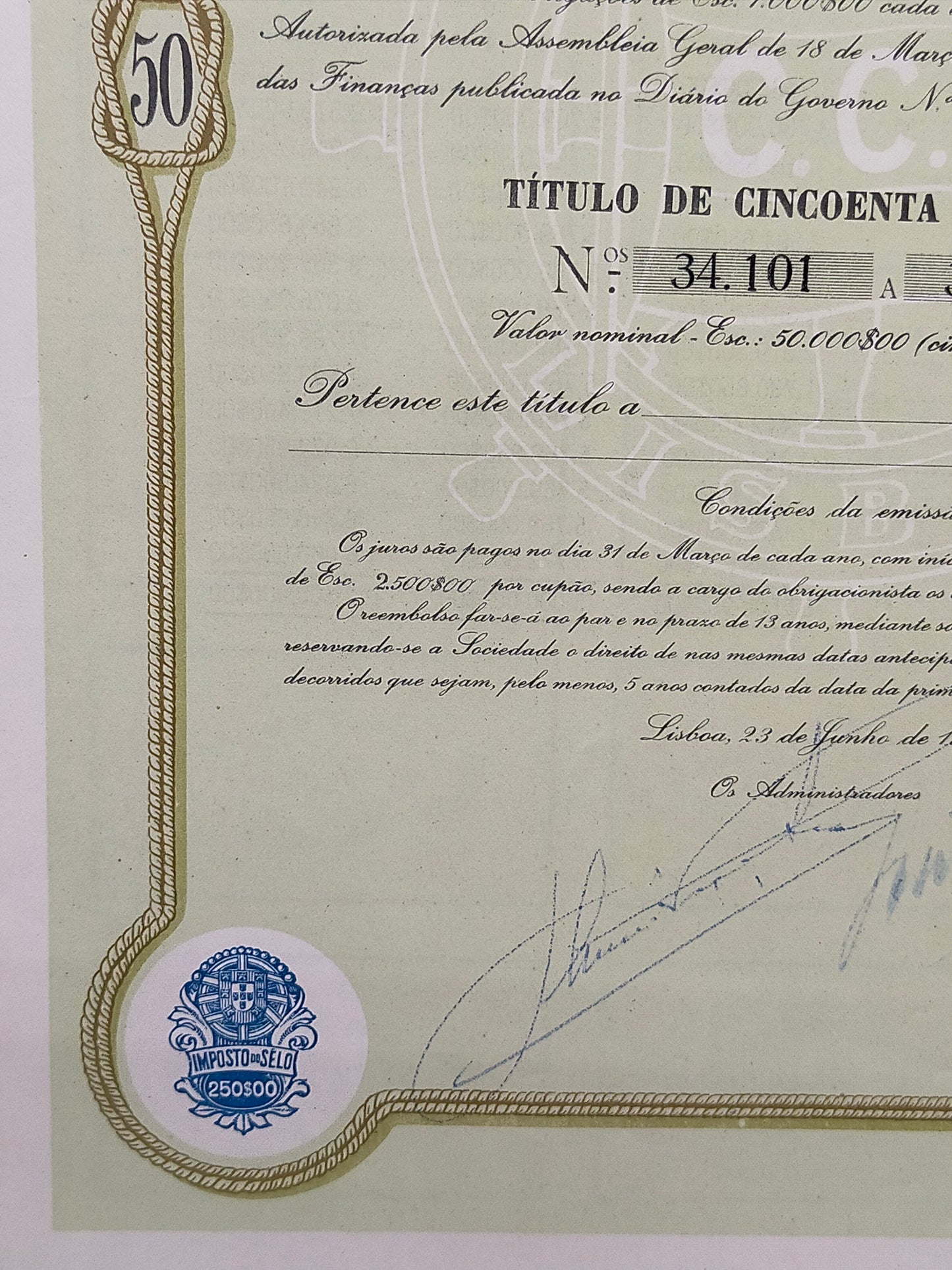 Historische Schiffahrts Anleihe 1954 Companhia Colonial de Navegacao