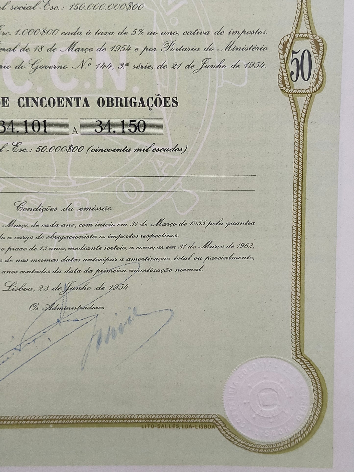 Historische Schiffahrts Anleihe 1954 Companhia Colonial de Navegacao