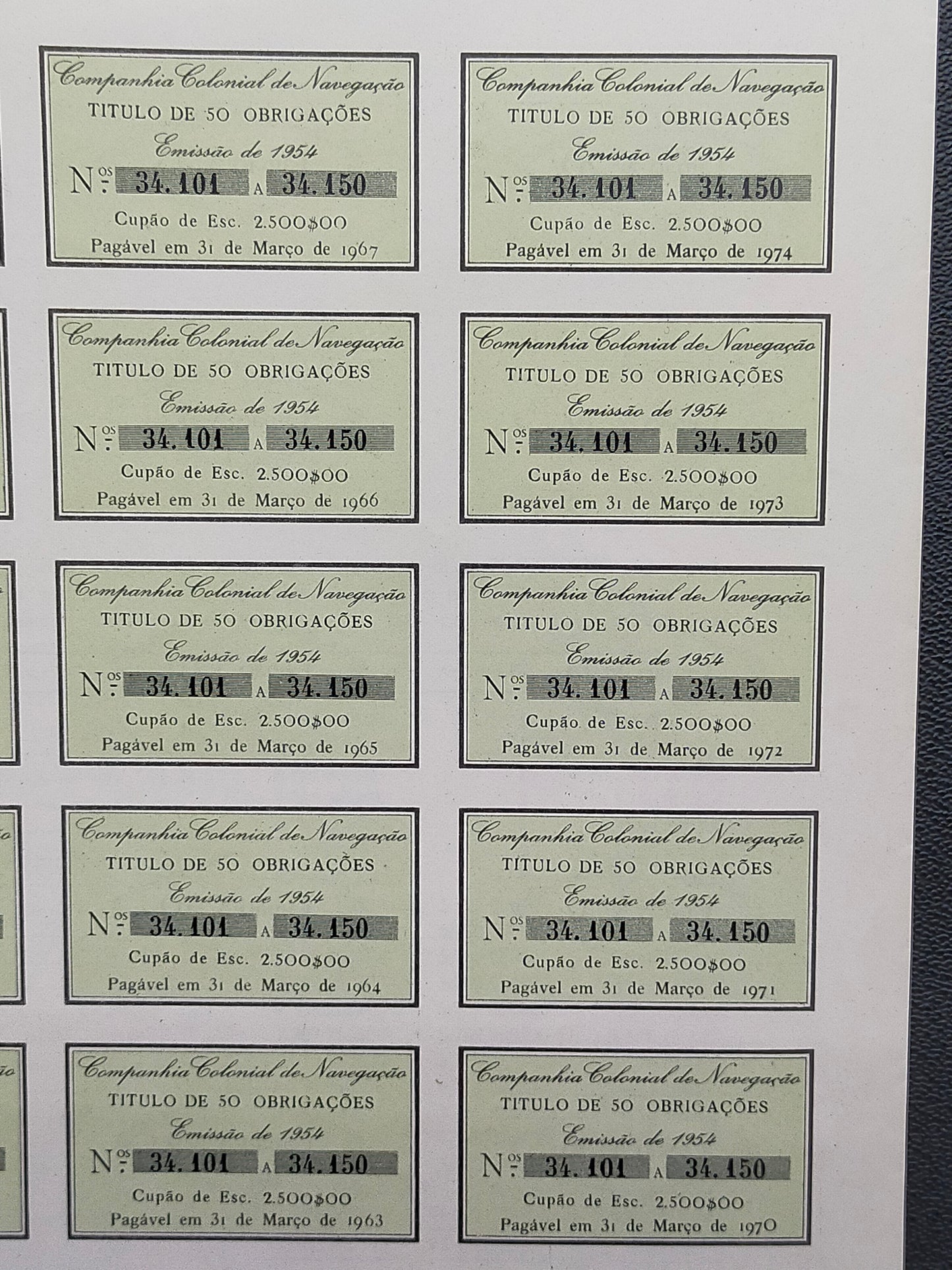 Historische Schiffahrts Anleihe 1954 Companhia Colonial de Navegacao