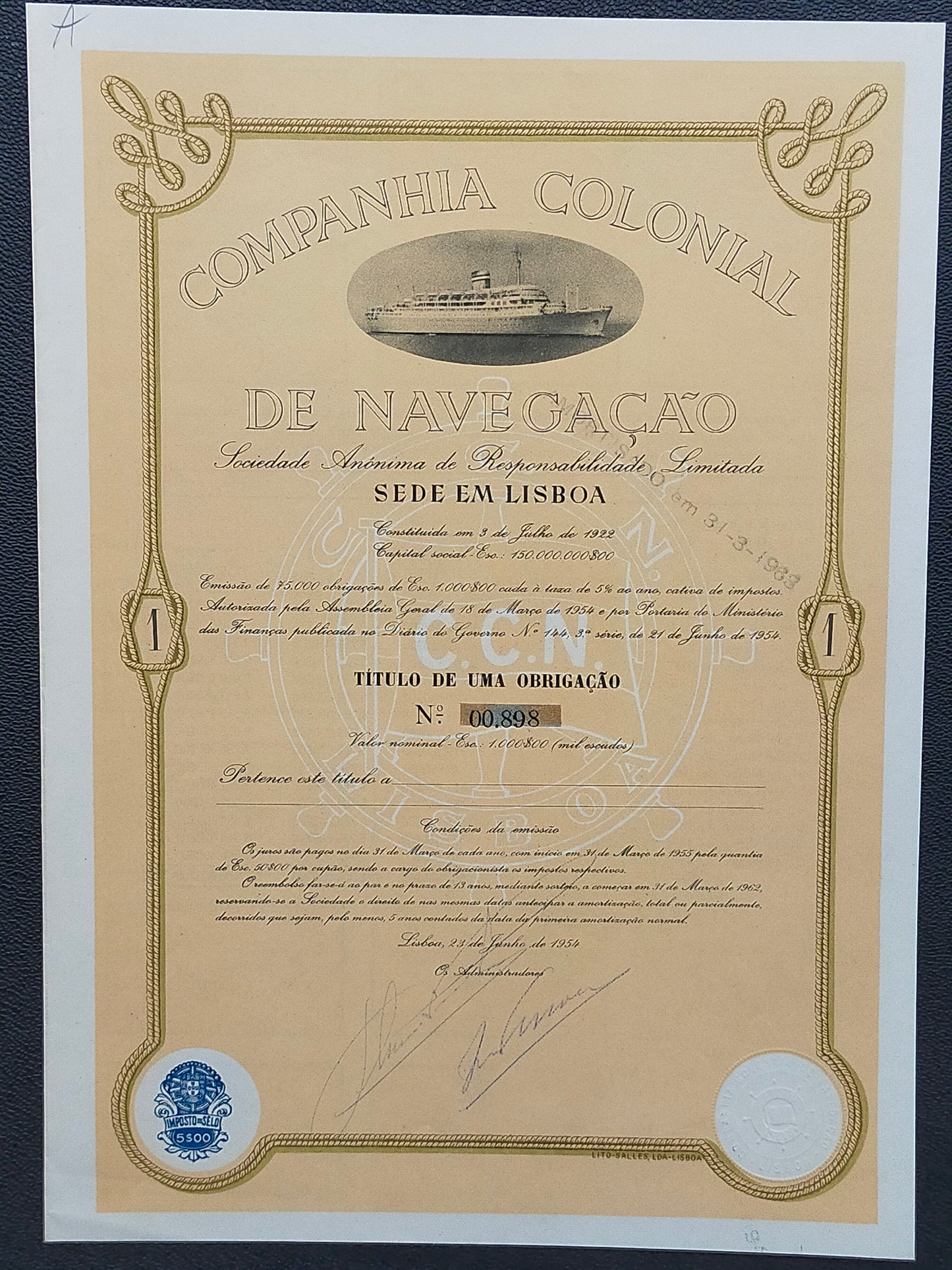 Historische Schiffahrtsanleihe Companhia Colonial de Navegação 1954
