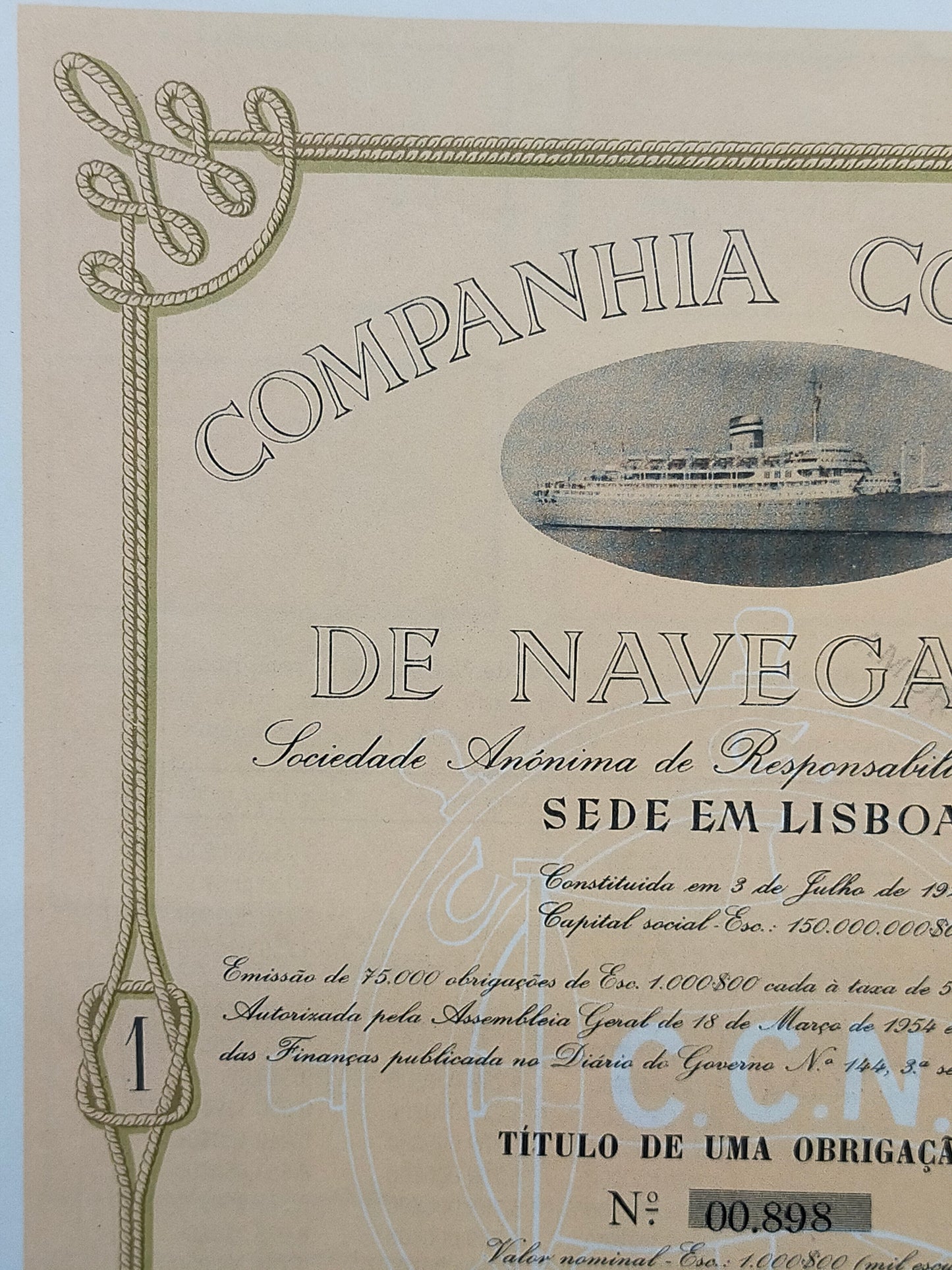 Historische Schiffahrtsanleihe Companhia Colonial de Navegação 1954